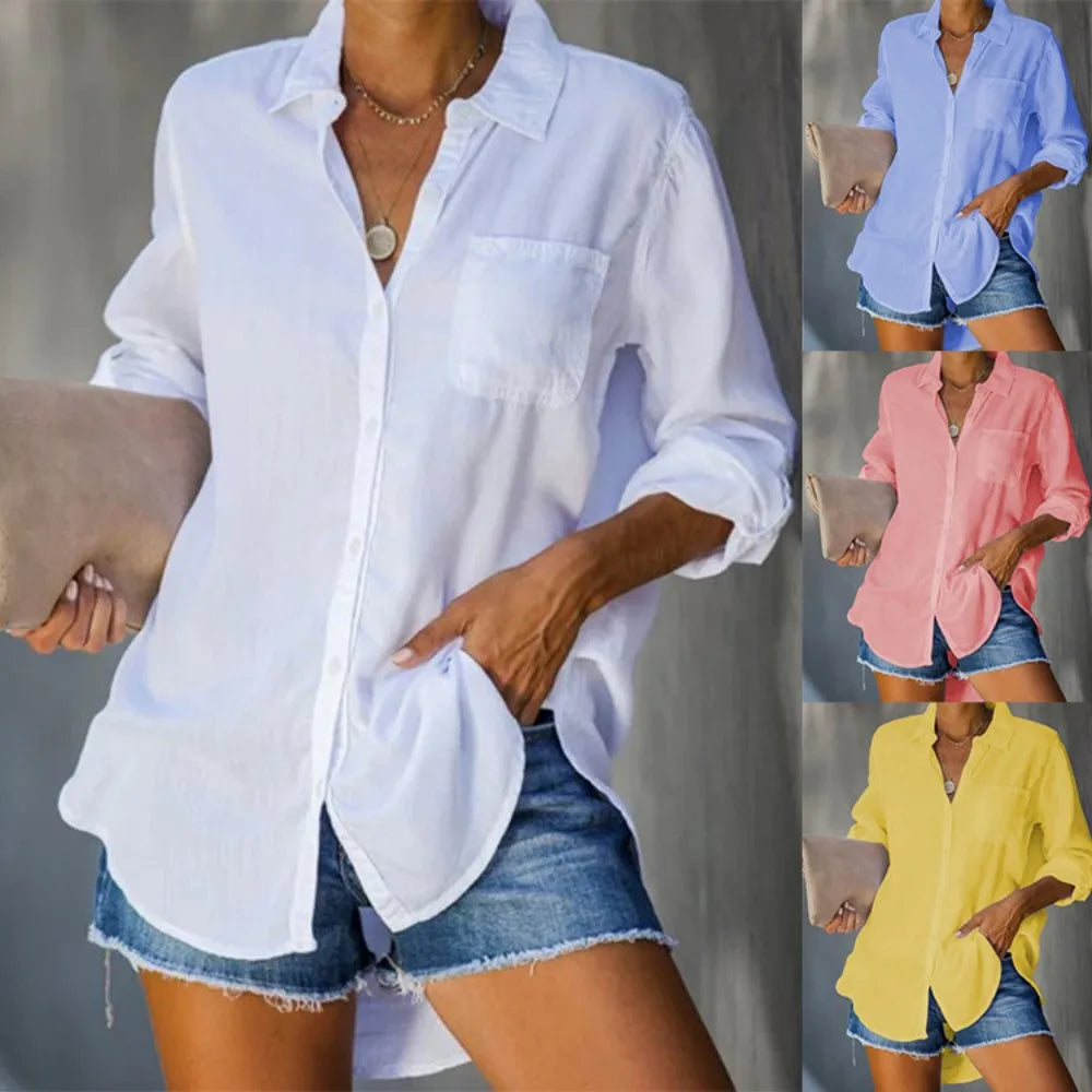 New women's shirt solid color casual loose breasted shirt