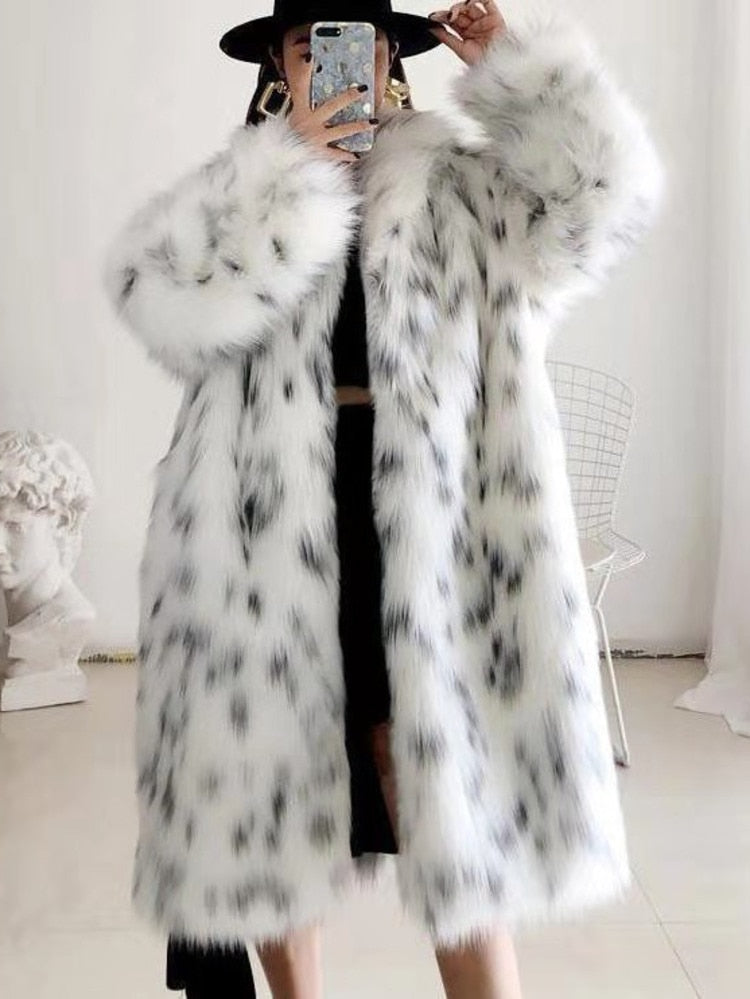 White Leopard Animal Print Faux Fur Coat