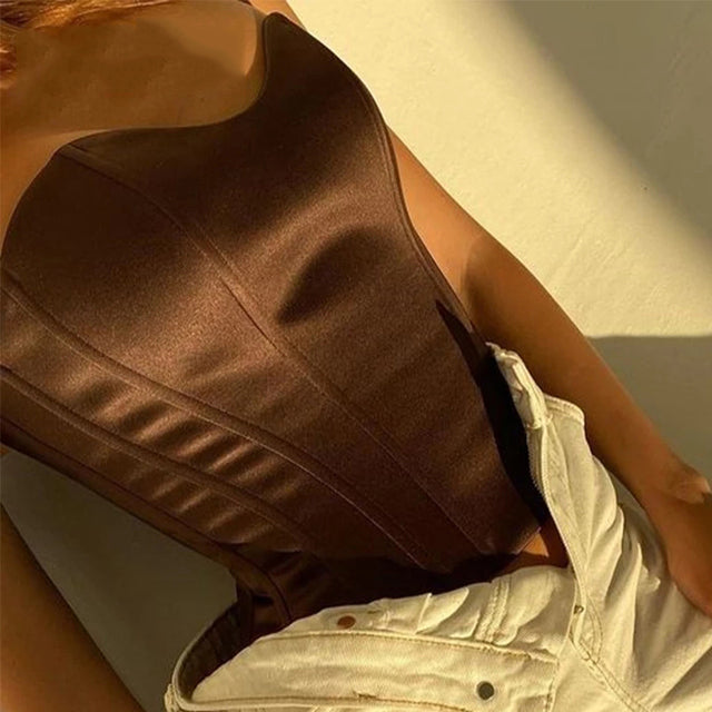 Woman wearing chocolate brown corset