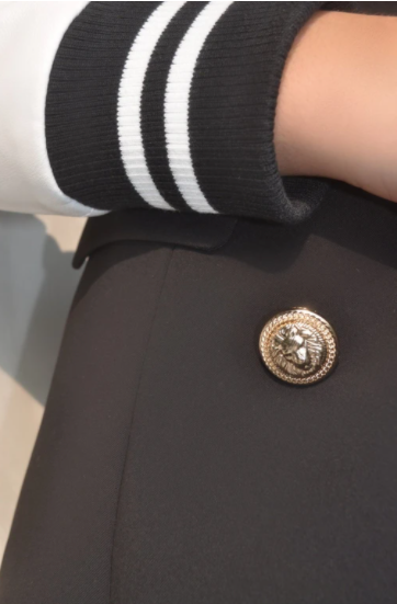 women varsity blazer jacket button and sleeve detail